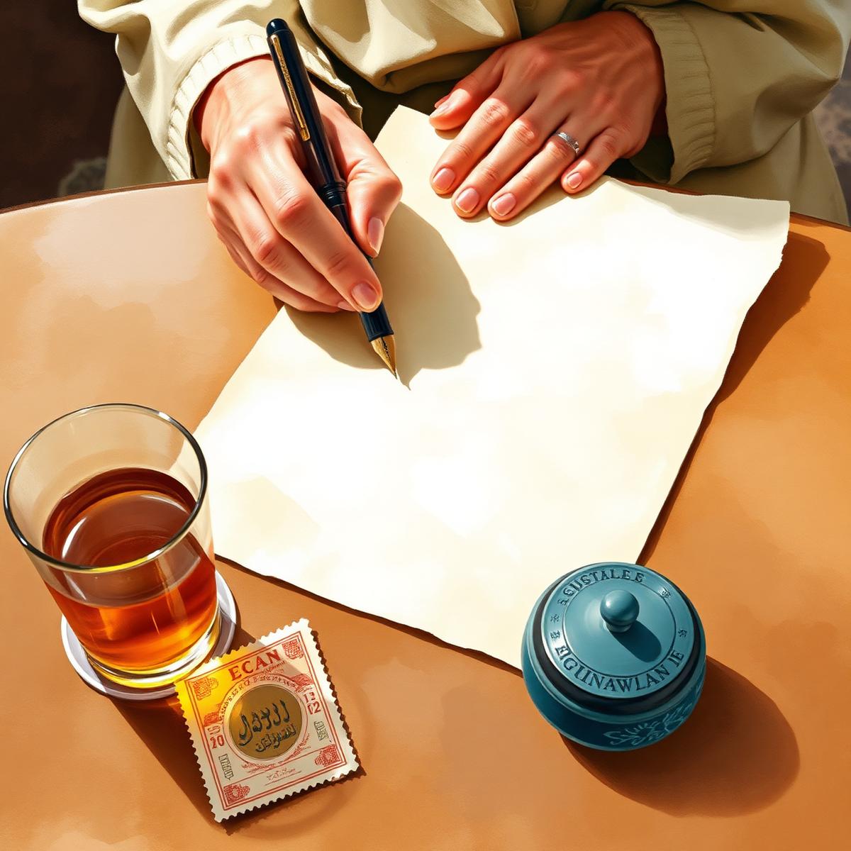 Watercolour of an elderly woman's hands writing Arabic calligraphy beside a glass of tea