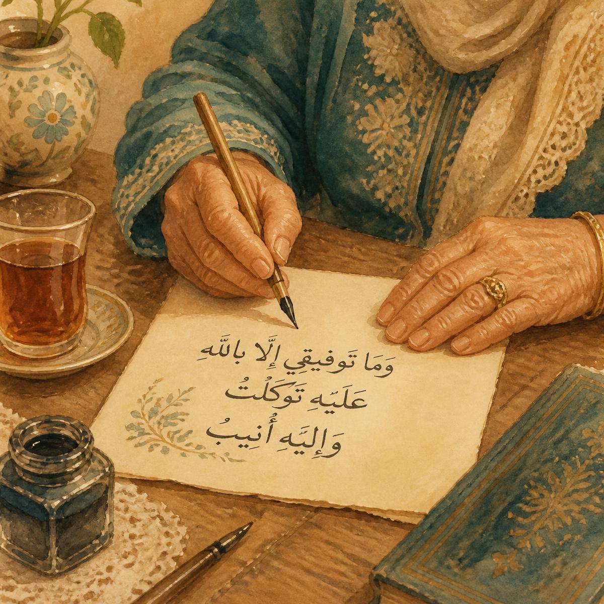 Watercolour of an elderly woman's hands writing Arabic calligraphy beside a glass of tea