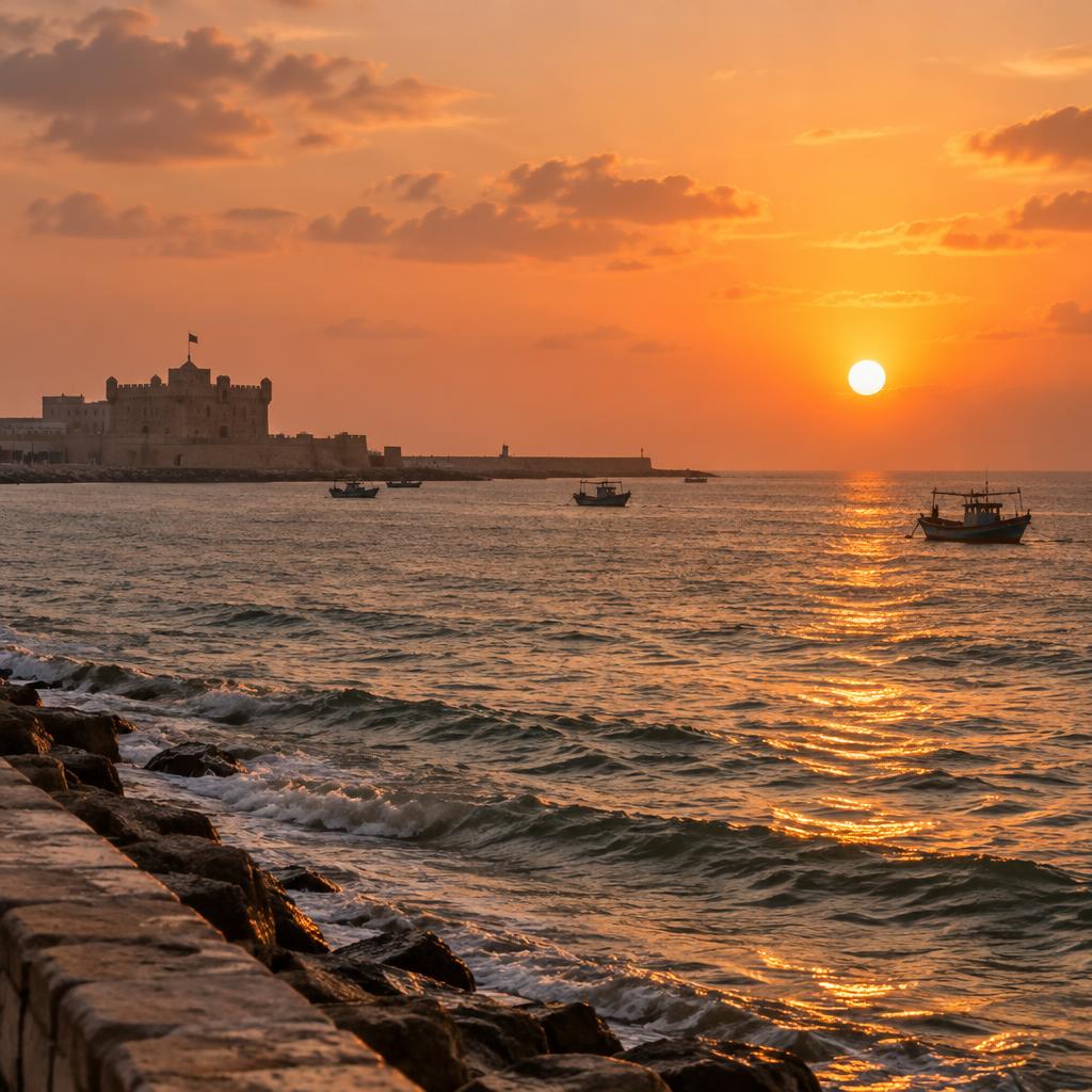 The sea in Alexandria, Egypt at sunset, with the Qaitbay Citadel in the distance